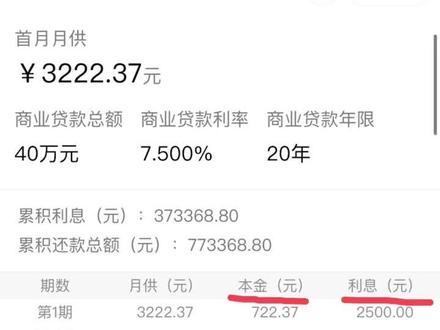 有房贷的看过来、你们是不是只知道每个月还了多少钱、却不知道每个月本金走多少、利息走多少吧、40W,贷20年、每个月本金走722元、利息2500元#房贷一族